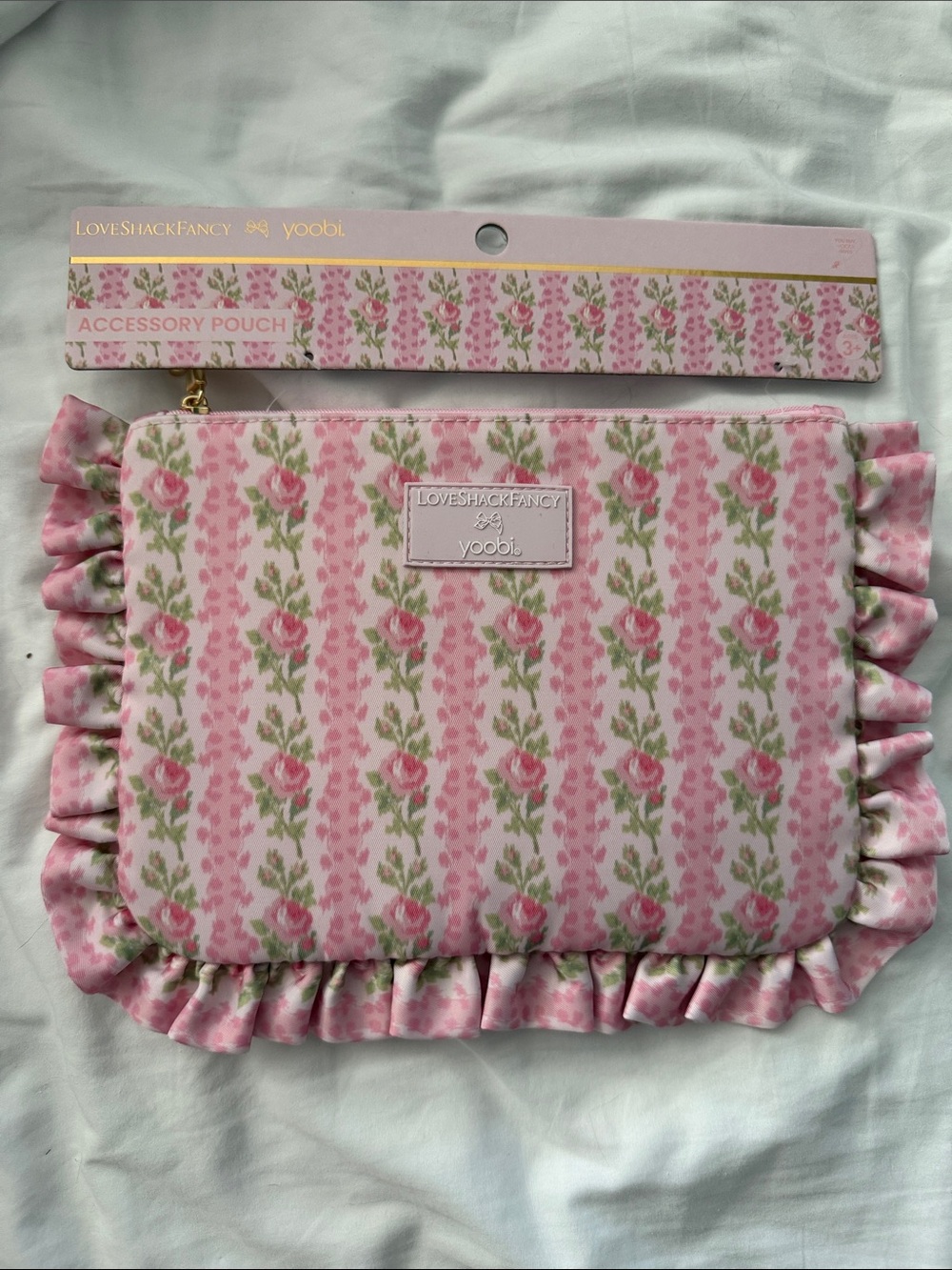 LoveShackFancy Pink Rose-Print Ruffle Accessory Pouch NWT
